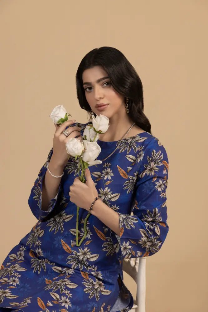 Royal Blue Floral Khaddar 2 - Piece Suit Elegant Winter Printed Co - Ord Set - Mahriza