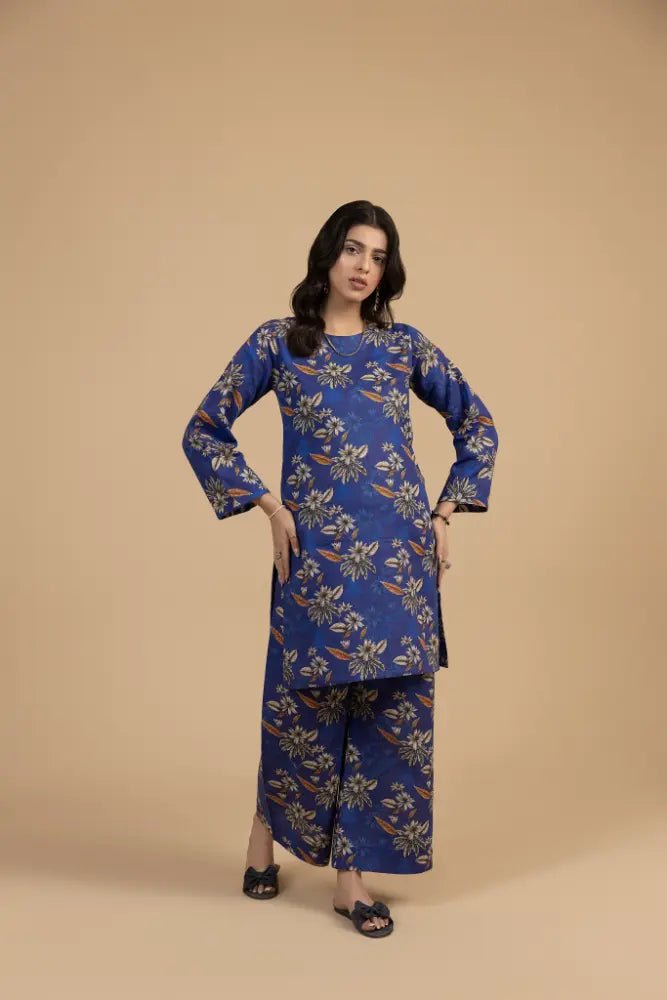 Royal Blue Floral Khaddar 2 - Piece Suit Elegant Winter Printed Co - Ord Set - Mahriza