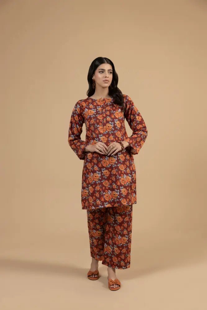 Rust Floral Khaddar 2 - Piece Suit Winter Printed Khaddar Dress for Women - Mahriza