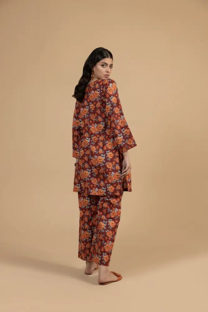 Rust Floral Khaddar 2 - Piece Suit Winter Printed Khaddar Dress for Women - Mahriza