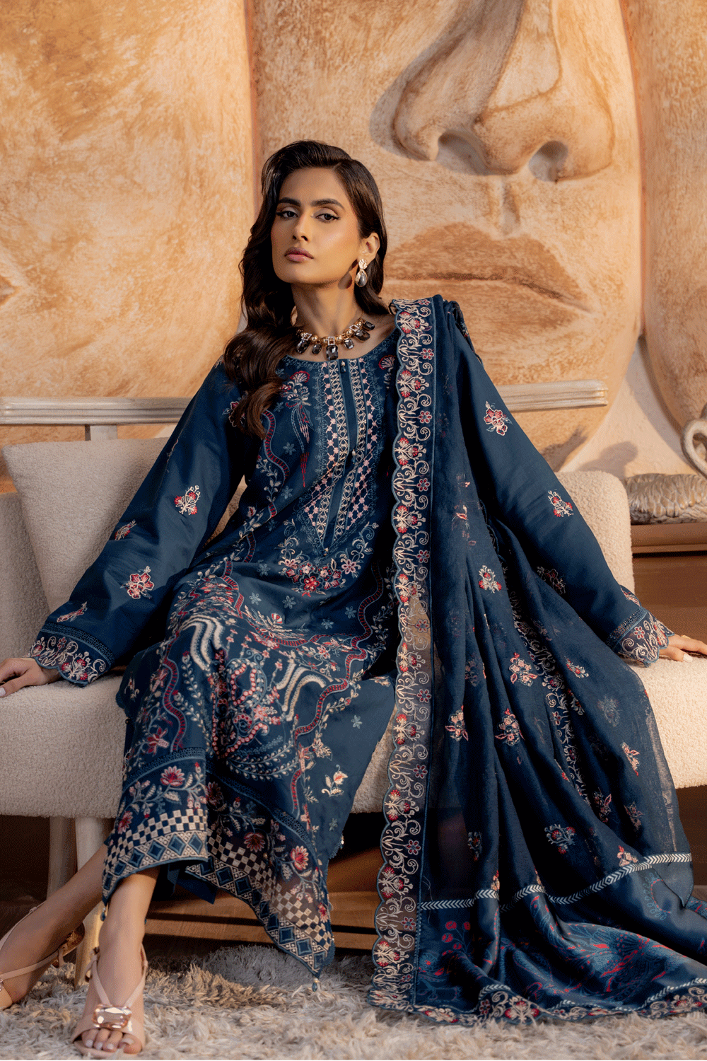 Teal Blue Embroidered Lawn 3PC Suit - Mahriza