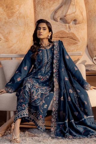Teal Blue Embroidered Lawn 3PC Suit - Mahriza