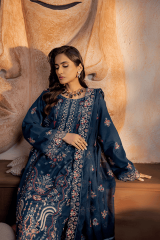 Teal Blue Embroidered Lawn 3PC Suit - Mahriza