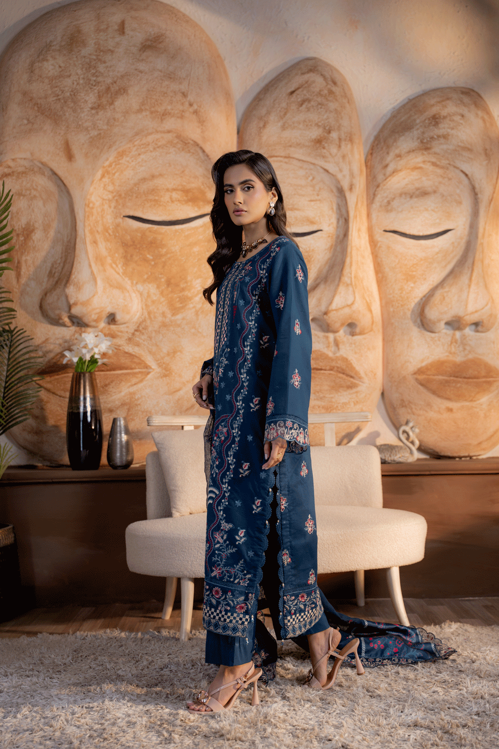 Teal Blue Embroidered Lawn 3PC Suit - Mahriza