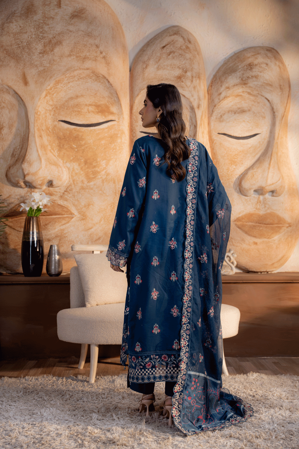 Teal Blue Embroidered Lawn 3PC Suit - Mahriza