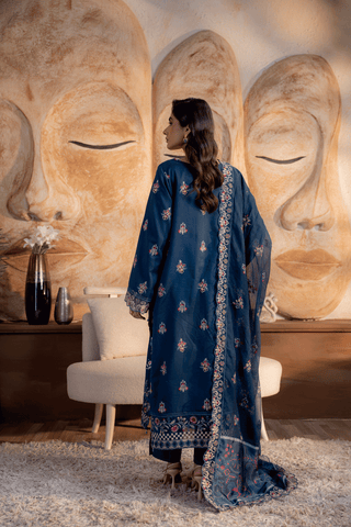 Teal Blue Embroidered Lawn 3PC Suit - Mahriza