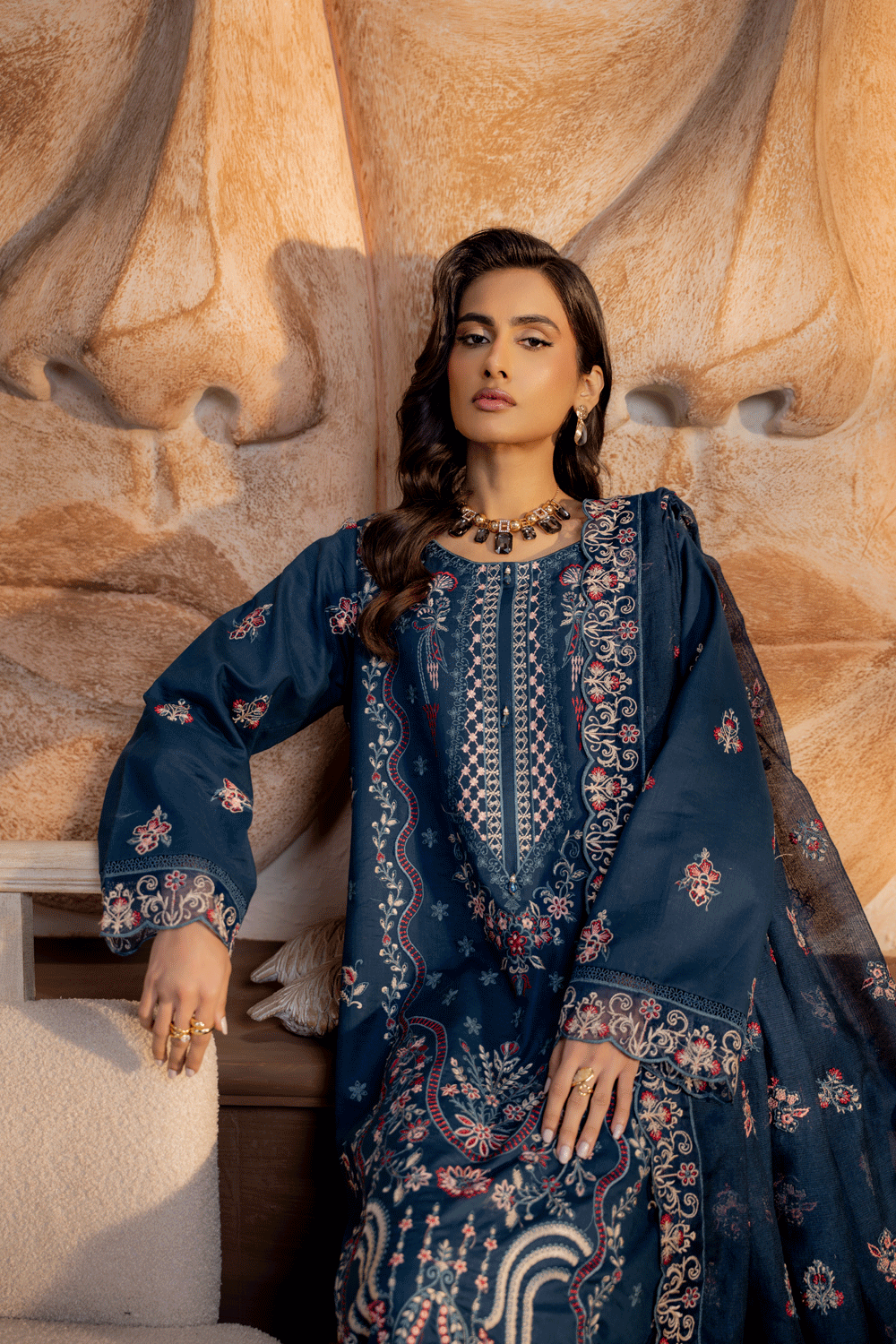 Teal Blue Embroidered Lawn 3PC Suit - Mahriza