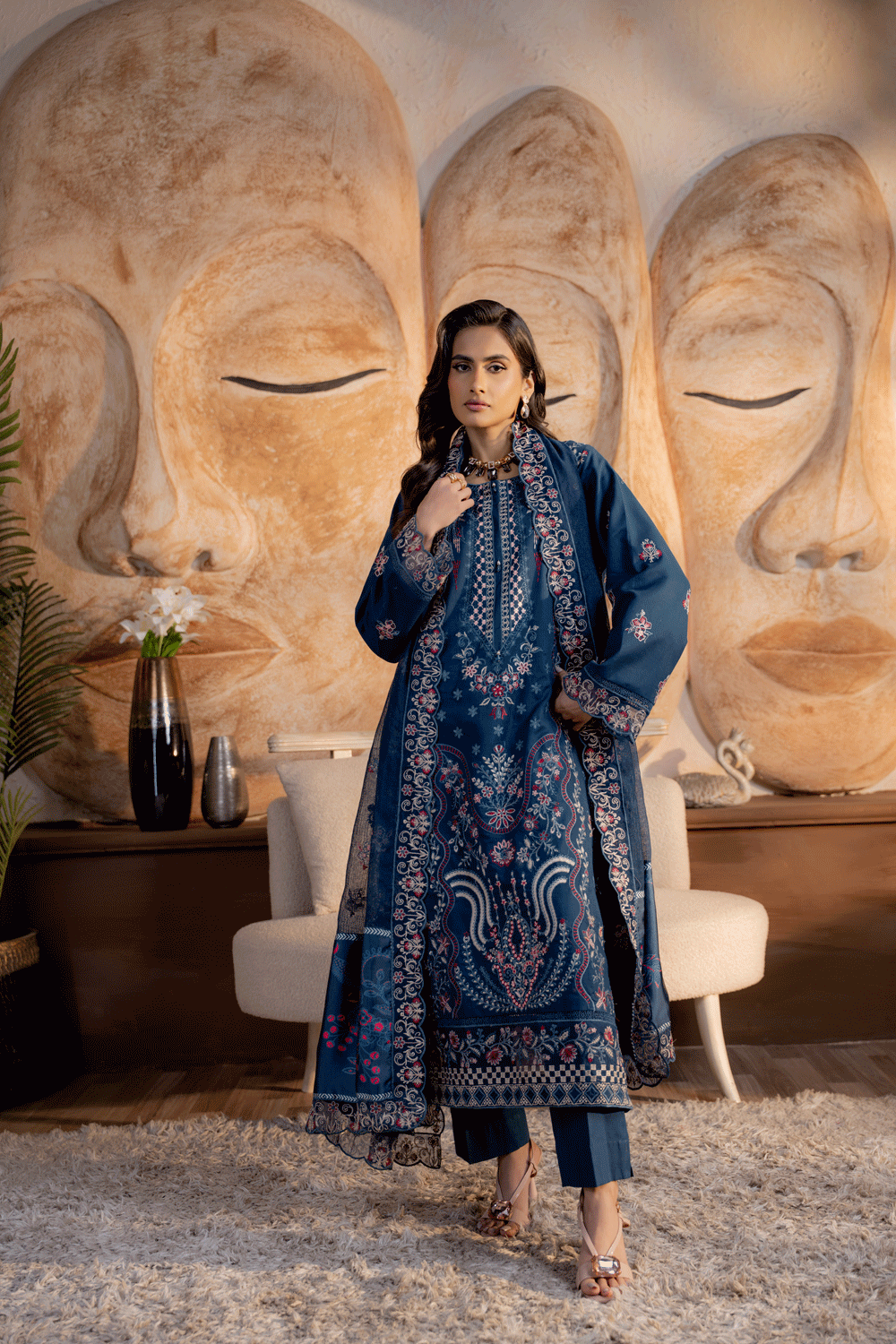 Teal Blue Embroidered Lawn 3PC Suit - Mahriza