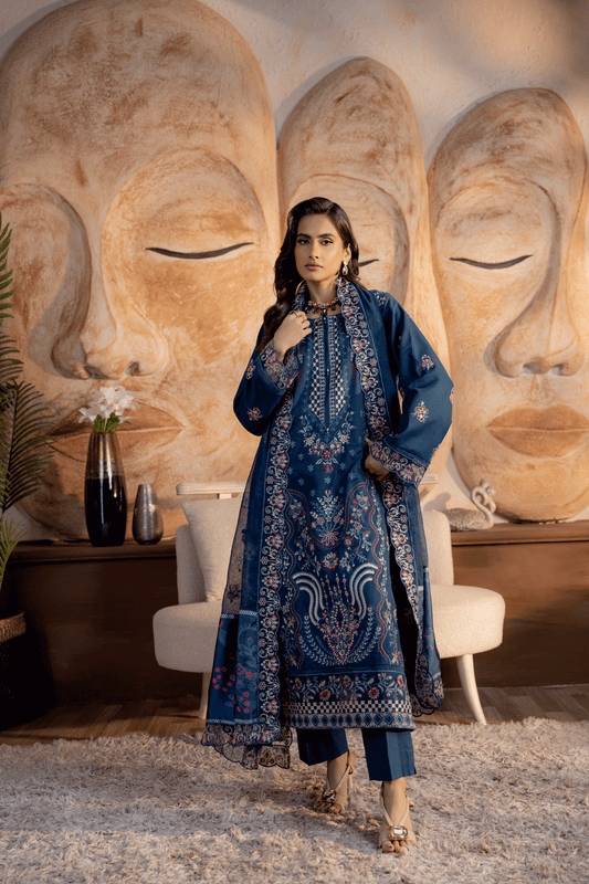 Teal Blue Embroidered Lawn 3PC Suit - Mahriza