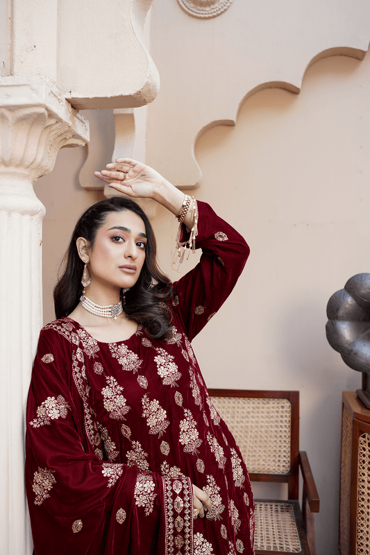 Velvet Maroon Embroidered Festive Suit