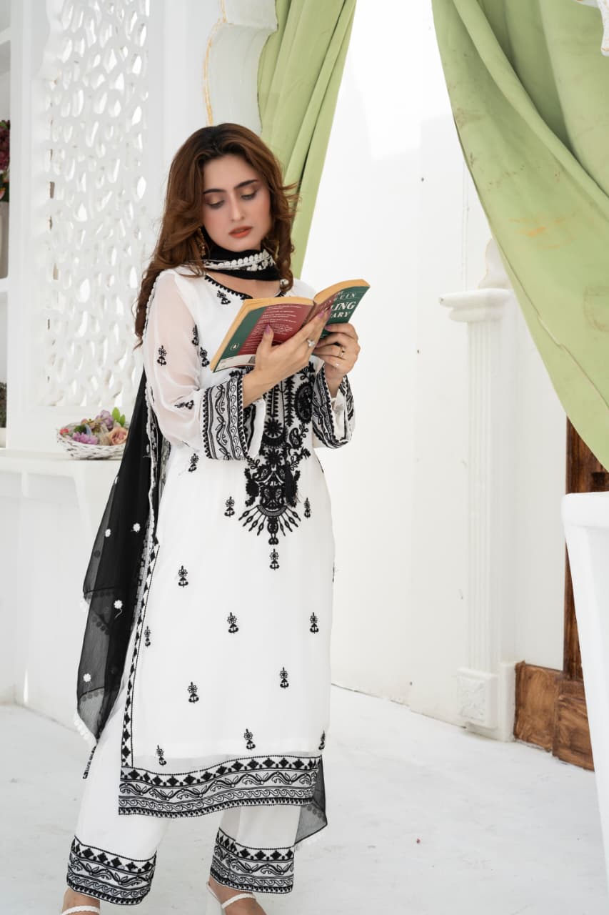 ❄️ White Smoke – Ethereal Embroidered Chiffon Dress - Mahriza